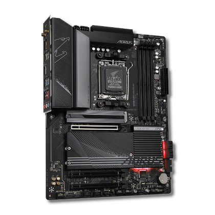 Render de una placa base Gigabyte B650 Aorus Elite Axe en un ligero ángulo