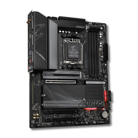 render of a gigabyte B650 AORUS ELITE AX motherboard at a slight angle