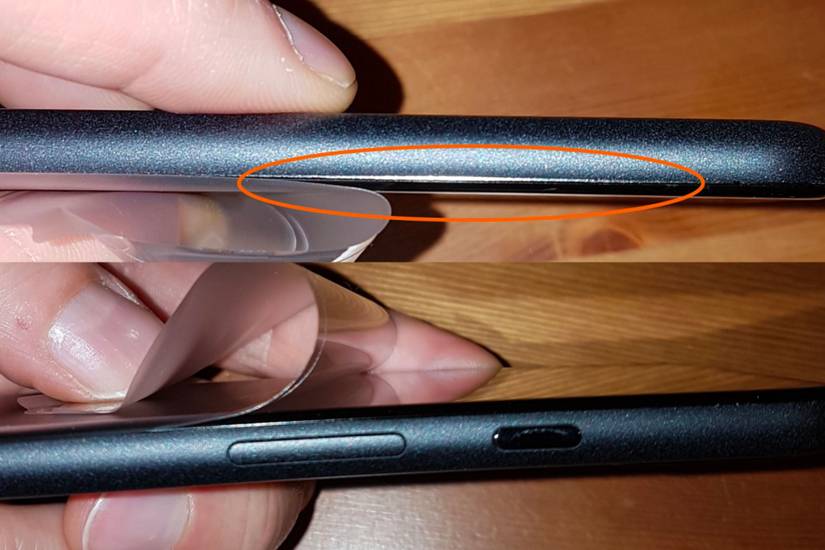 A set of images showing a Pixel 5 with its display glass starting to peel from its body.