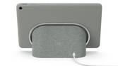 A render showing the Pixel Tablet docked on the bundled charging speaker dock.