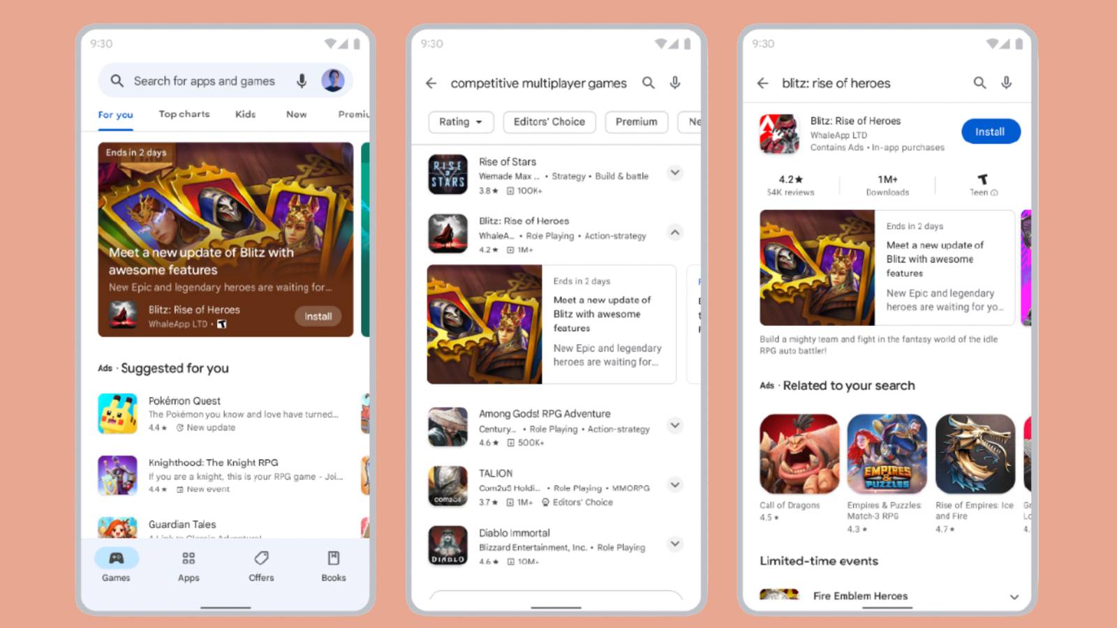 Screenshots of the Google Play Store updates unveiled at I/O 2023.