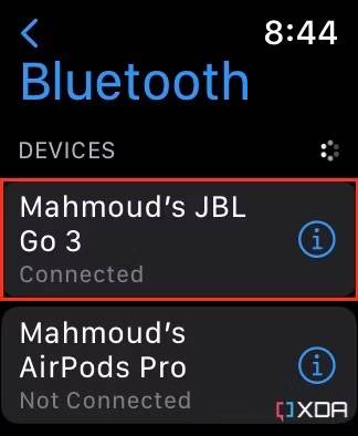 Apple Watch Bluetooth settings highlighting JBL Go 3 speaker