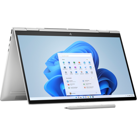 Angled front view of the HP Envy x360 in tent mode facing right