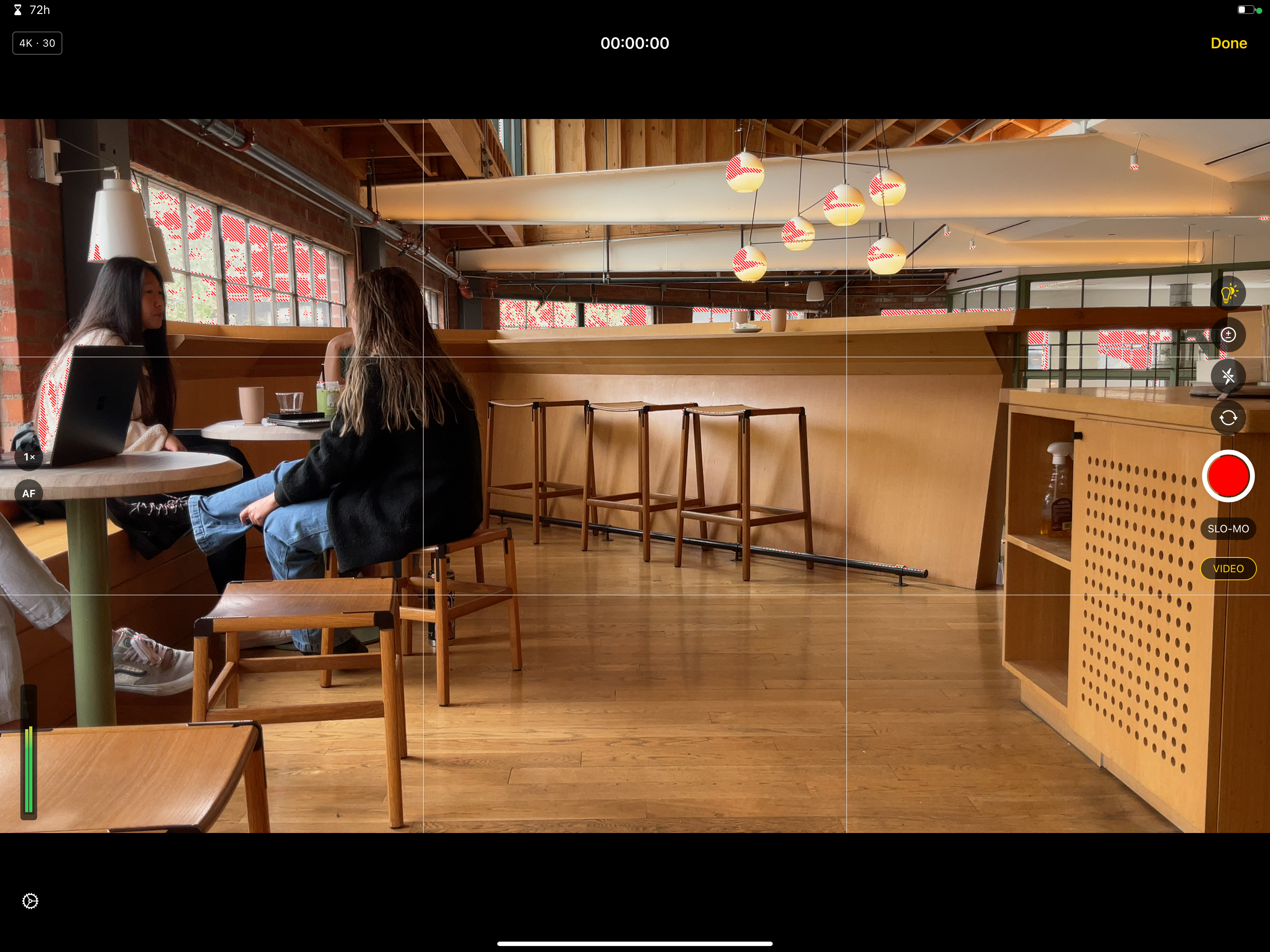 The camera app inside Final Cut Pro for iPad showing zebra for exposure