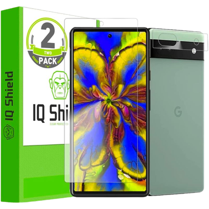 A render showing the retail packaging of the IQShield film protector next to a Google Pixel 6a.