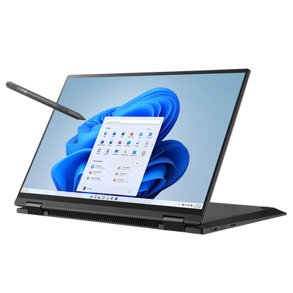 Angled front view of the LG Gram 14 2-in-1 in tent mode