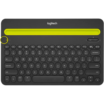 A render of the Logitech K480 wireless keyboard in black and green dual-tone finish.