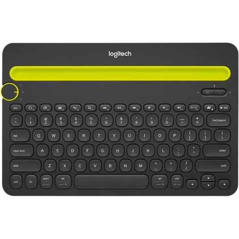 A render of the Logitech K480 wireless keyboard in black and green dual-tone finish.