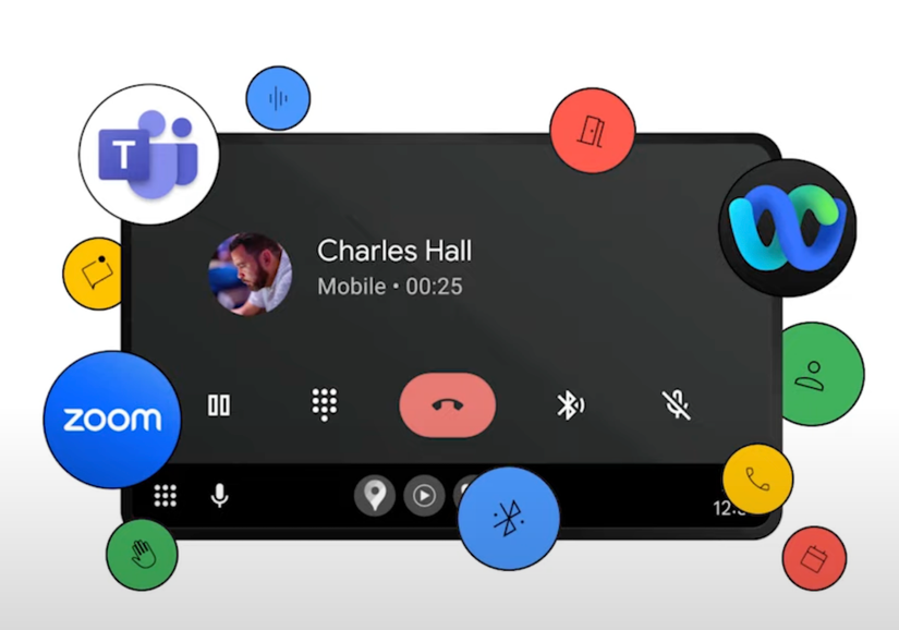 An image showing a screenshot of a meeting running on Android Automotive OS.