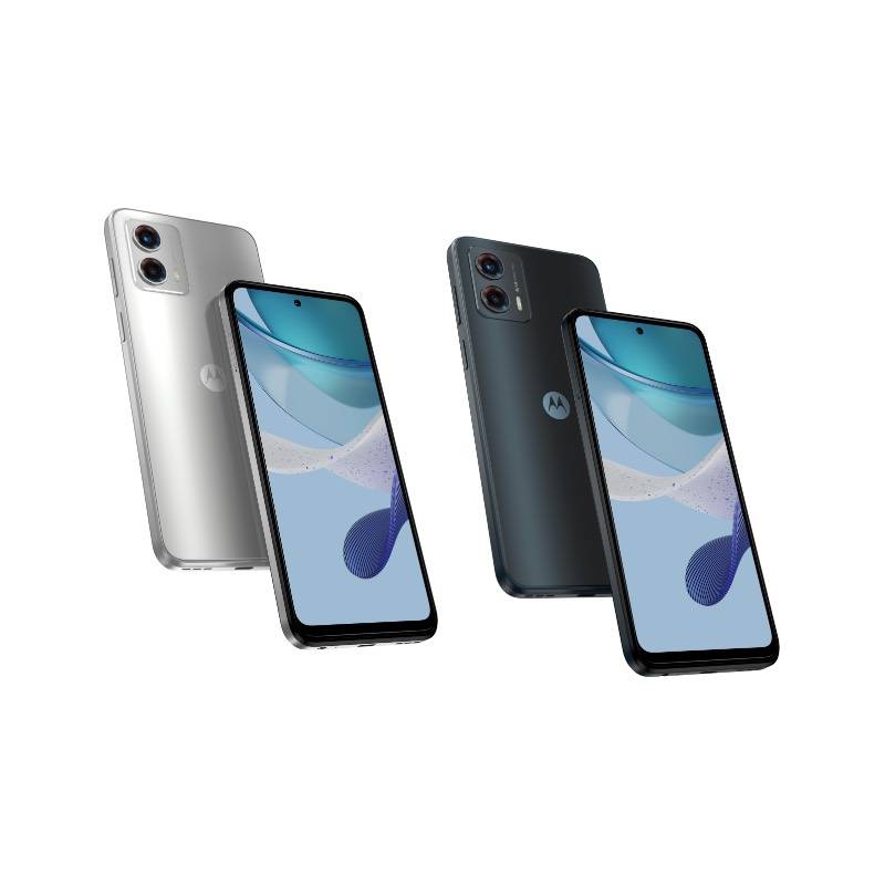 Moto G 5G 2023 in Harbor Gray and Ink Blue on white background.