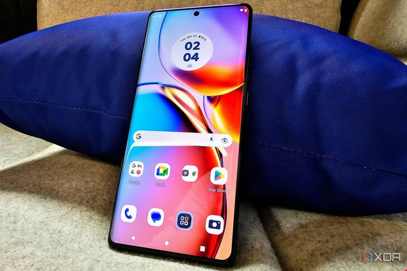 Motorola Edge+ 2023 leaning on a blue pillow