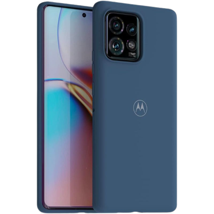 A render of the Motorola soft protective case for Edge+ 2023 in blue color.