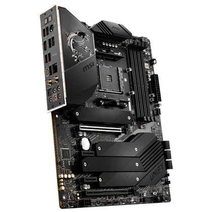MSI MEG B550 Unify render presented on an off angle to reveal the IO