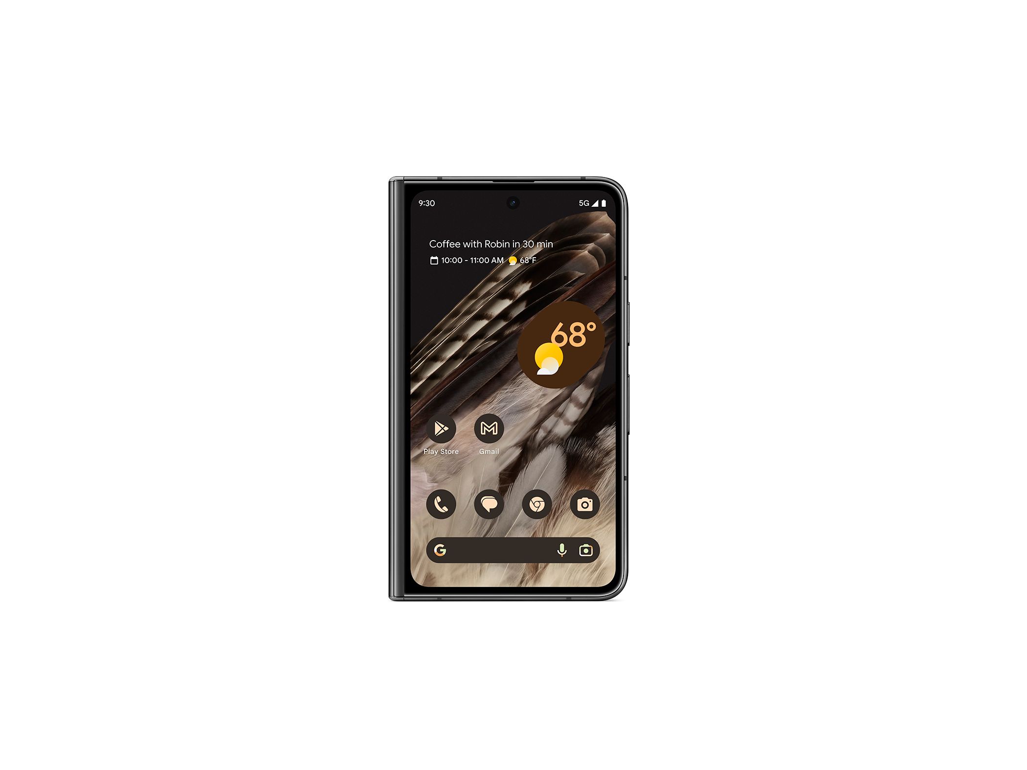 Obsidian Google Pixel Fold closed showing cover screen on white background.
