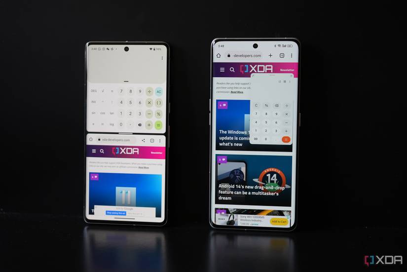 The Pixel UI running two apps in split-screen mode while another phone can run an app in a window 