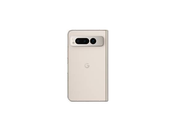 Porcelain Google Pixel Fold closed showing back panel on white background.