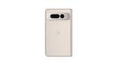 Porcelain Google Pixel Fold closed showing back panel on white background.