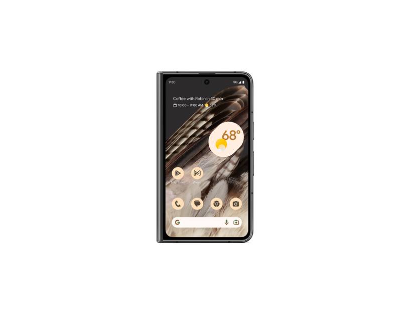 Porcelain Google Pixel Fold closed showing cover screen on white background.
