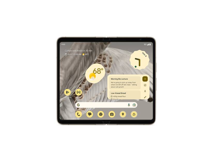 Porcelain Google Pixel Fold opne showing inner screen on white background.