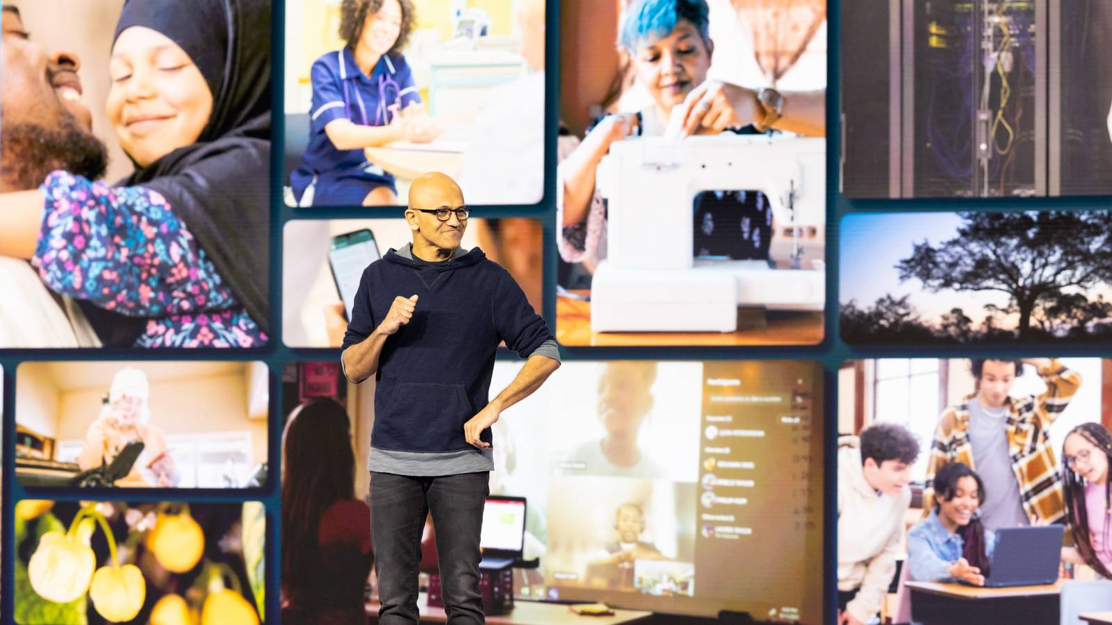Microsoft CEO Satya Nadella standing on stage at Build 2023