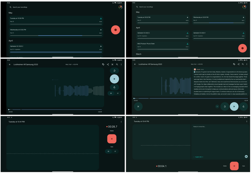 Google Recorder update showing waveforms and transcription on one view