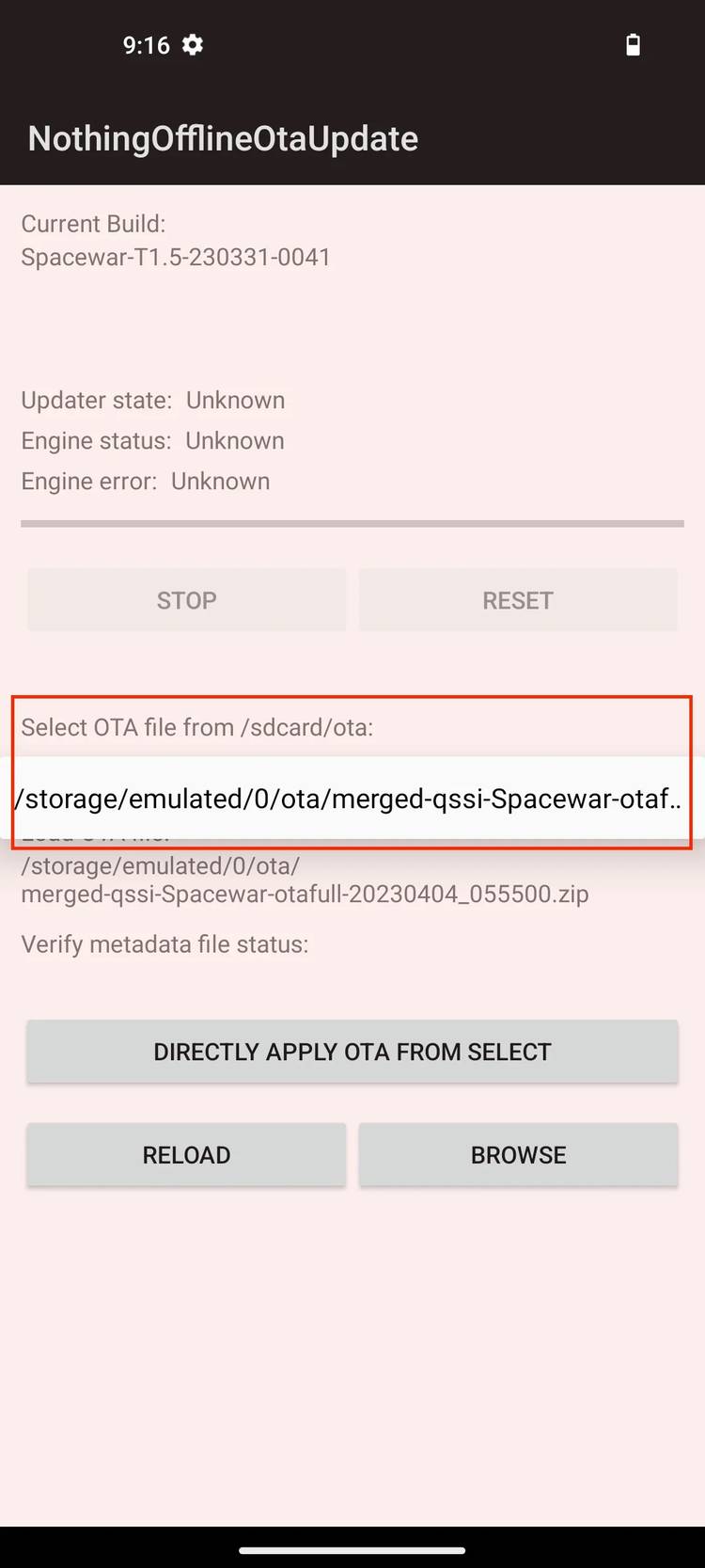 Nothing Phone 1 dialer with local tool code showing OTA update screen with downloaded OTA loaded 
