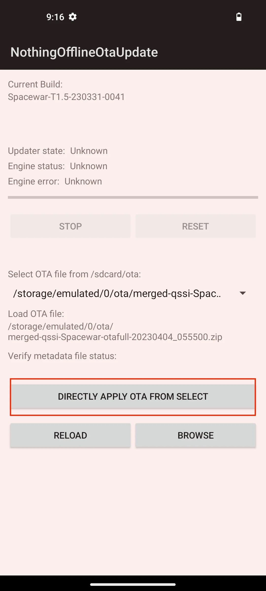 Nothing Phone 1 dialer with local tool code loading the OTA update