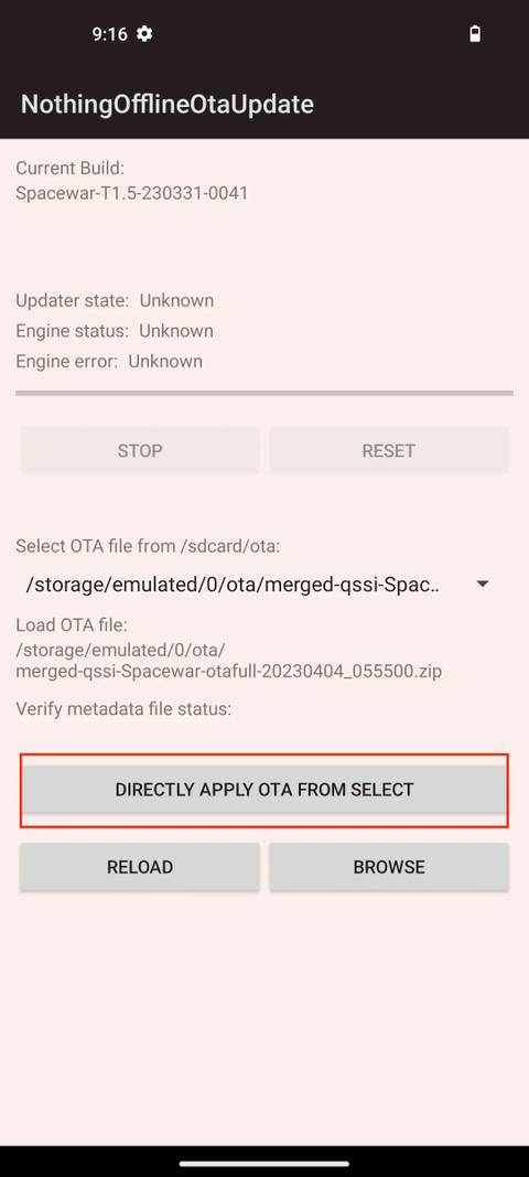 Nothing Phone 1 dialer with local tool code loading the OTA update