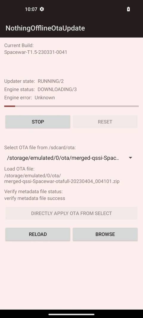 Nothing Phone 1 dialer with local tool code loading the OTA update