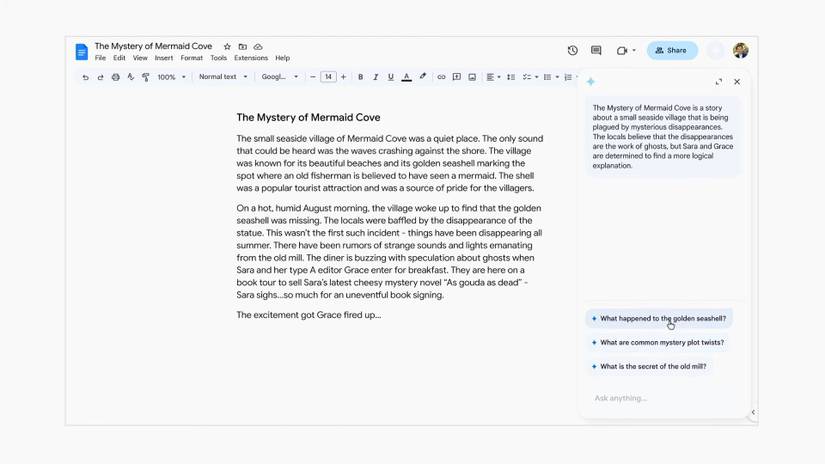 Screenshot of plot suggestion made by Google Docs after the AI has read and summarized the concept of the existing story