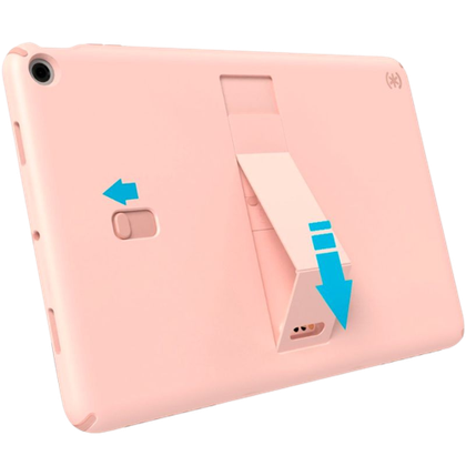 A render showing the Speck Standyshell kickstand case for Pixel Tablet in coral color.