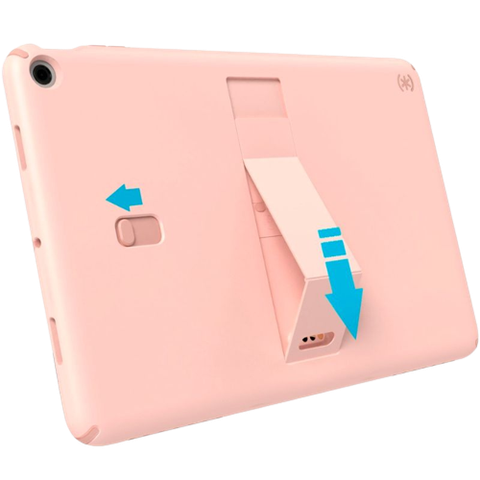 A render showing the Speck Standyshell kickstand case for Pixel Tablet in coral color.
