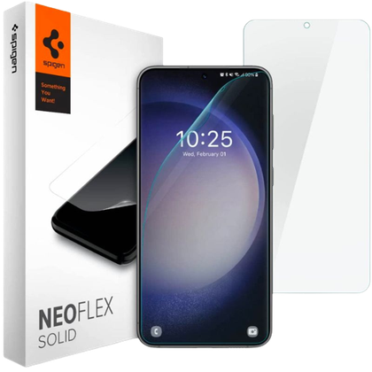 A render showing the Spigen NeoFlex for Galaxy S23+ next to its official packaging.