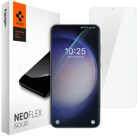 A render showing the Spigen NeoFlex for Galaxy S23+ next to its official packaging.