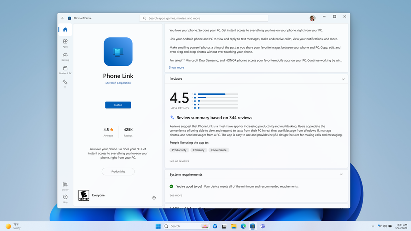 Screenshot of a Microsoft Store app page showing a review summary generated by AI based on user reviews