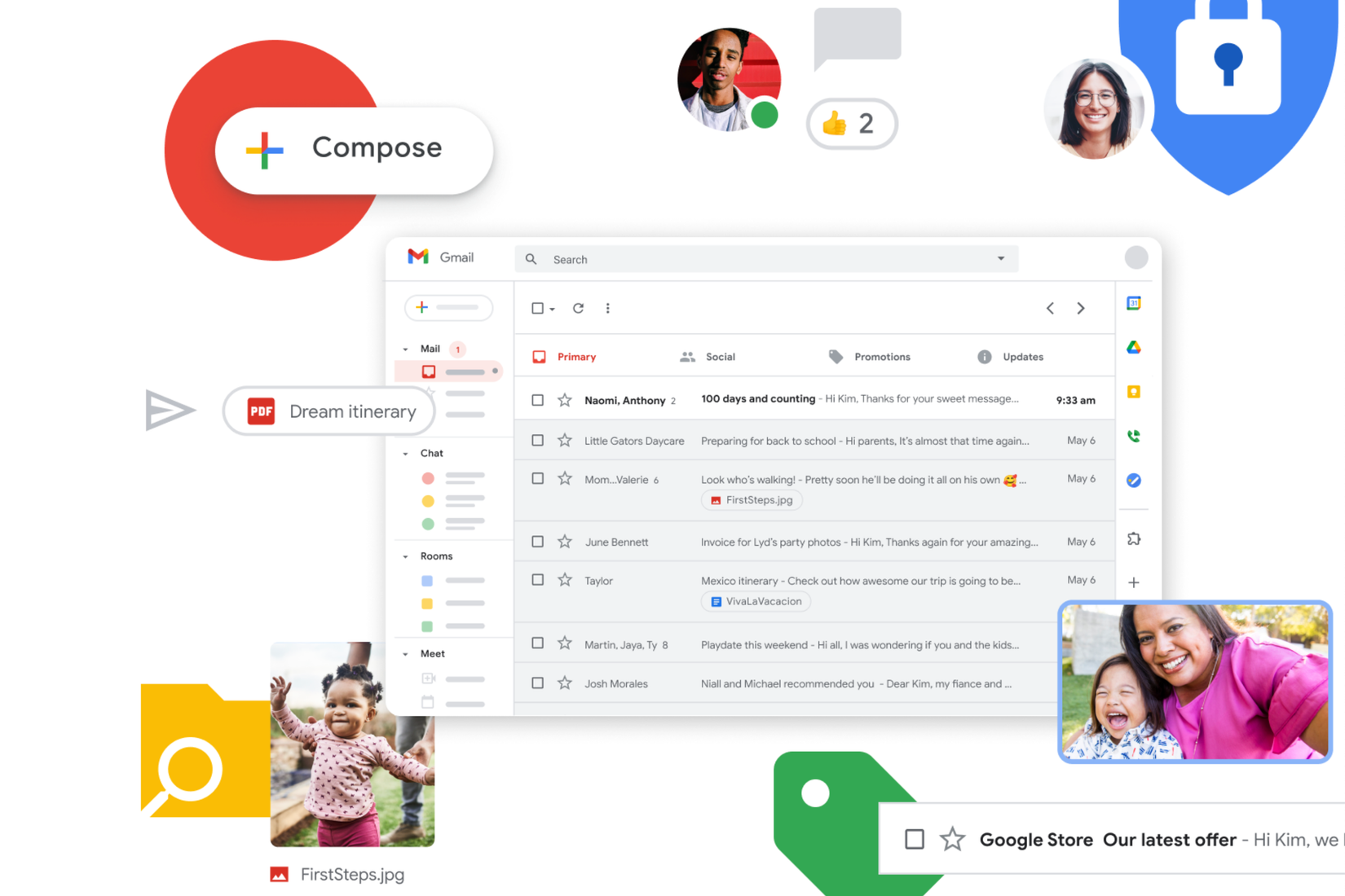 Gmail features like security, search, folders being shown off with images of family, friends, and colleagues