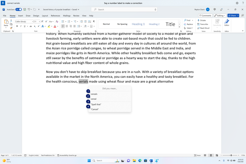 Screenshot of a Word document being edited with voice access. The user has used a command to correct a typed word, and voice access is displaying suggestions to replace said word