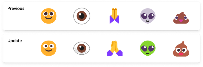 Comparison of older emoji designs in Windows 11 against the updated ones in build 23466