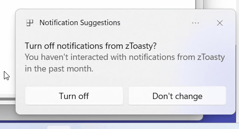 Screenshot of a WIndows 11 notification prompting the user to turn off notifications for an app whose notifications are usually ignored