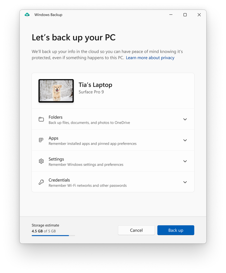 Screenshot of Windows Backup app with the ability to back up apps, settings, folders, and credentials