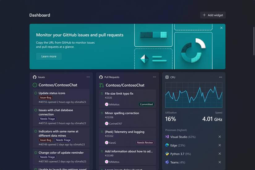 Screenshot of a customized dashboard in the Dev Home app