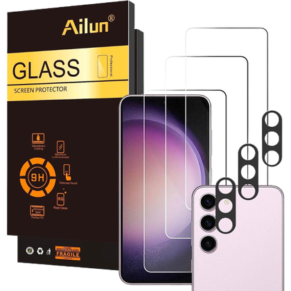 A render showing the Ailun tempered glass kit for Galaxy S23.