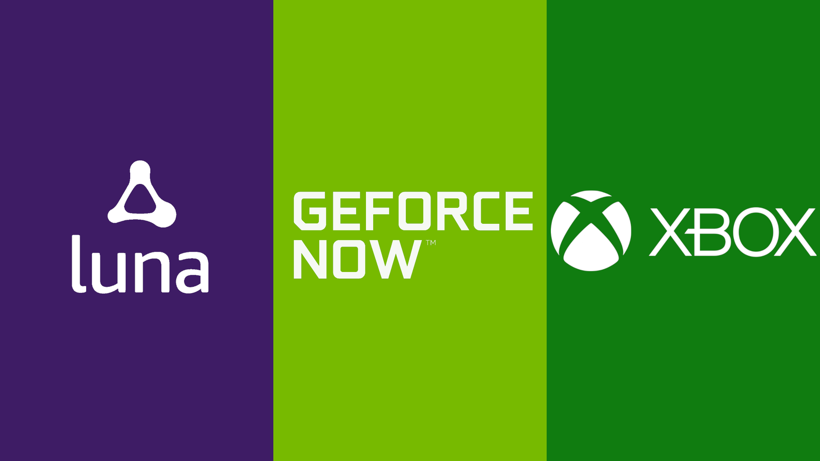 The logos for cloud gaming services Amazon Luna, Nvidia GeForce Now, and Xbox.