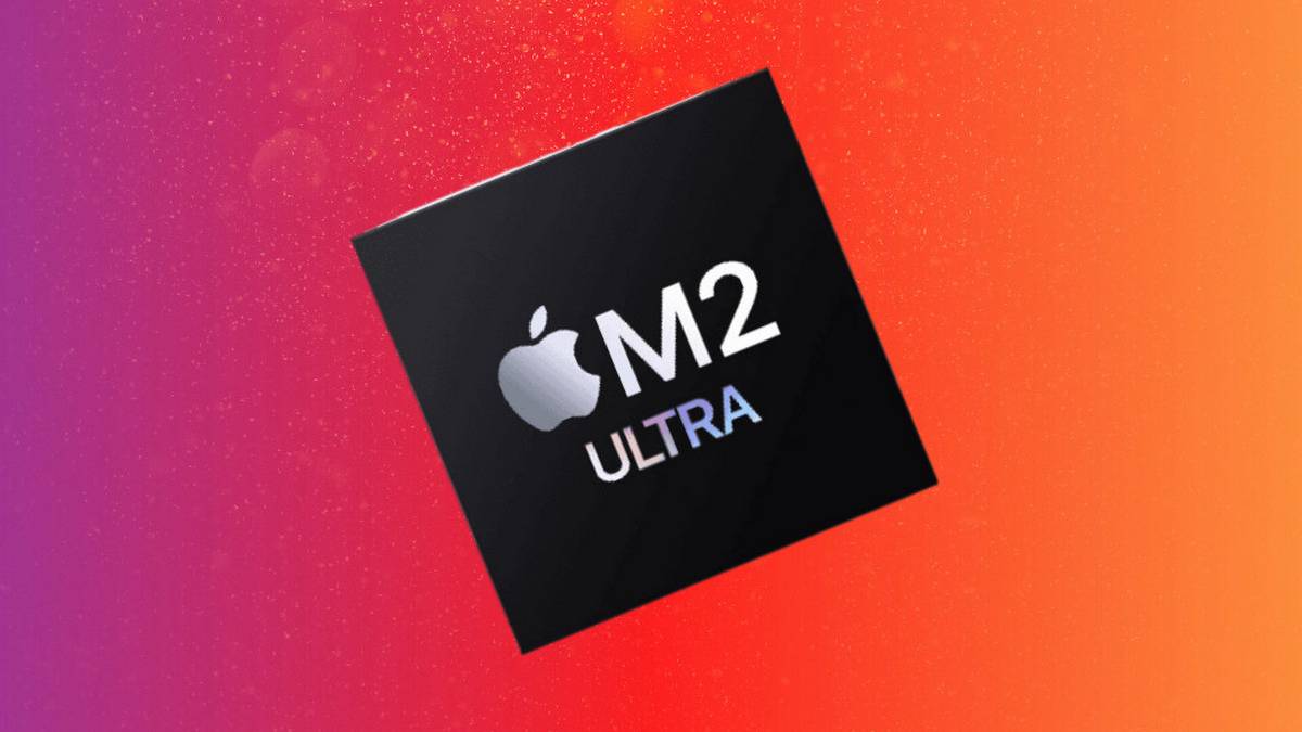The Apple M2 Ultra chip on a custom orange and pick gradient background