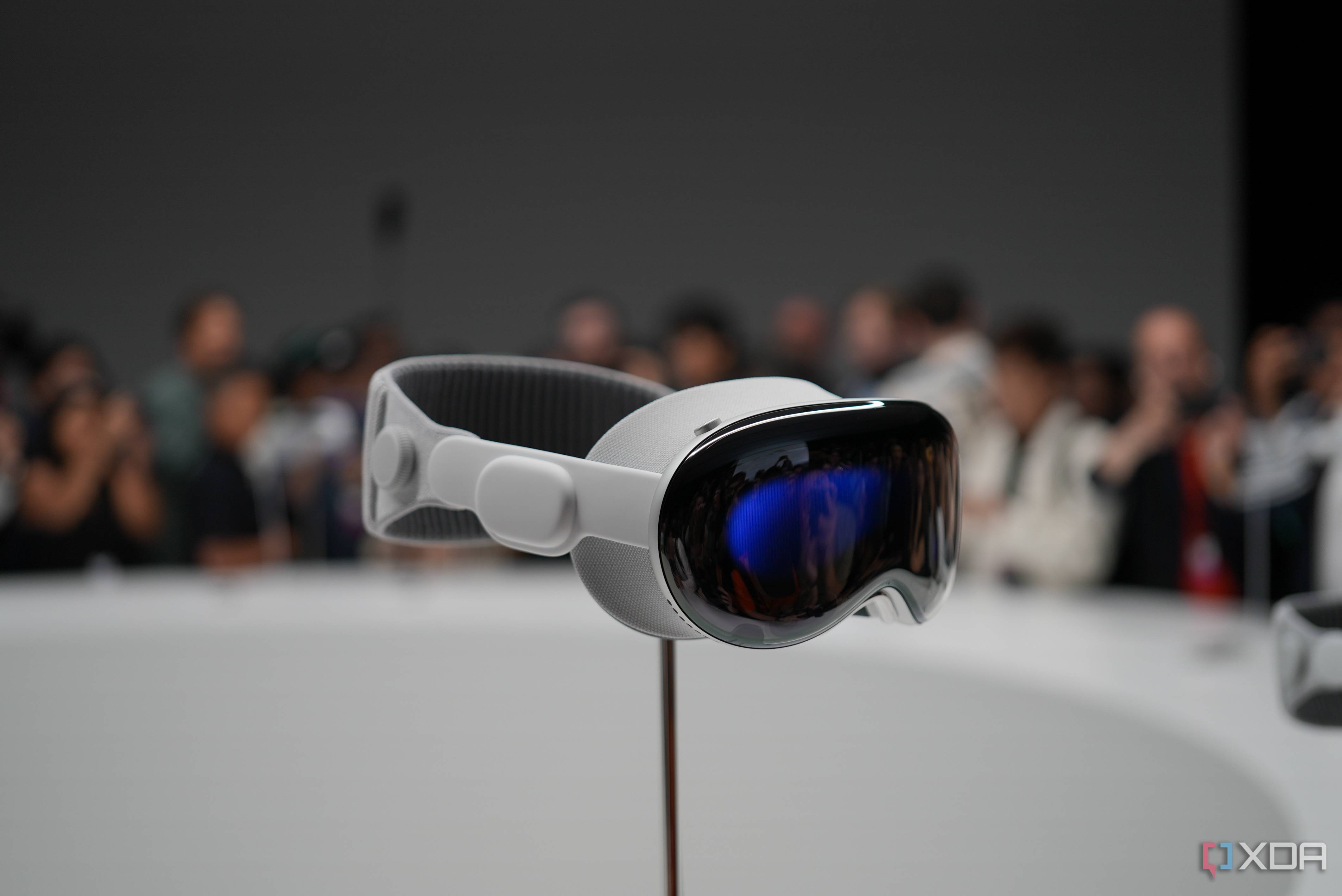 The Apple Vision Pro headset on a stand at WWDC.