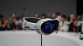 The Apple Vision Pro headset on a stand at WWDC.