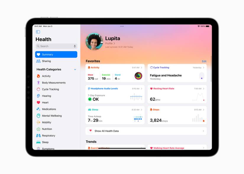 Apple Health app on iPad showing health data on big screen