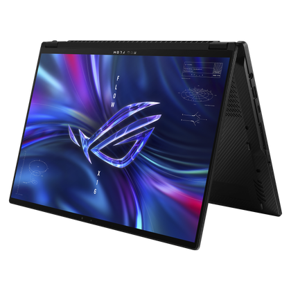 Angled front view of the Asus ROG Flow X16 facing left in tent mode
