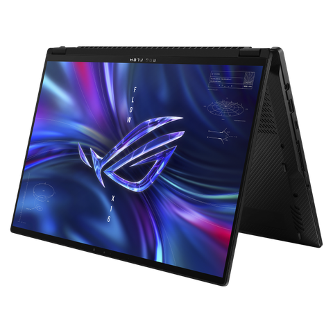 Angled front view of the Asus ROG Flow X16 facing left in tent mode