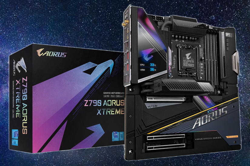 Gigabyte Z790 Aorus Xtreme motherboard placed vertically in front of the retail box
